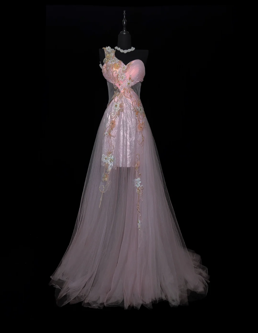 Glam One Shoulder Pink Prom Dress Beading Tulle A-Line Evening Dress GG6867