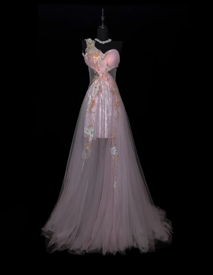 Glam One Shoulder Pink Prom Dress Beading Tulle A-Line Evening Dress GG6867