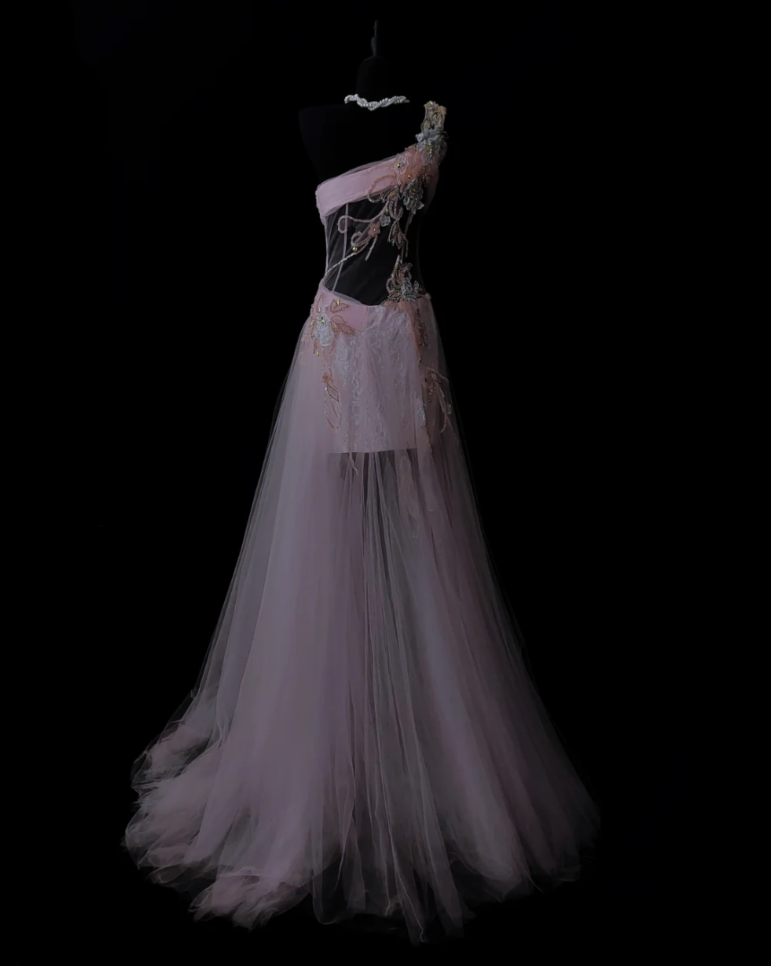 Glam One Shoulder Pink Prom Dress Beading Tulle A-Line Evening Dress GG6867