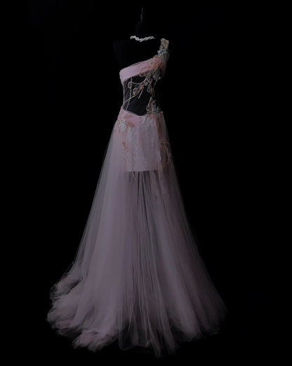 Glam One Shoulder Pink Prom Dress Beading Tulle A-Line Evening Dress GG6867