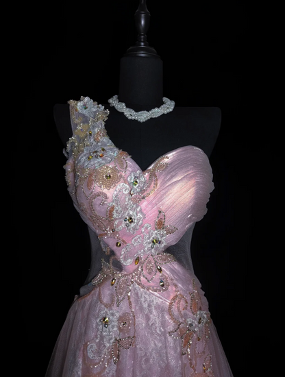 Glam One Shoulder Pink Prom Dress Beading Tulle A-Line Evening Dress GG6867