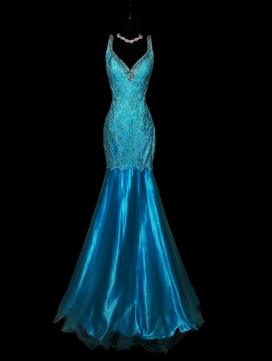 Trendy Spaghetti Straps Blue Prom Dress Sequins Tulle Mermaid Formal Dress GG6868