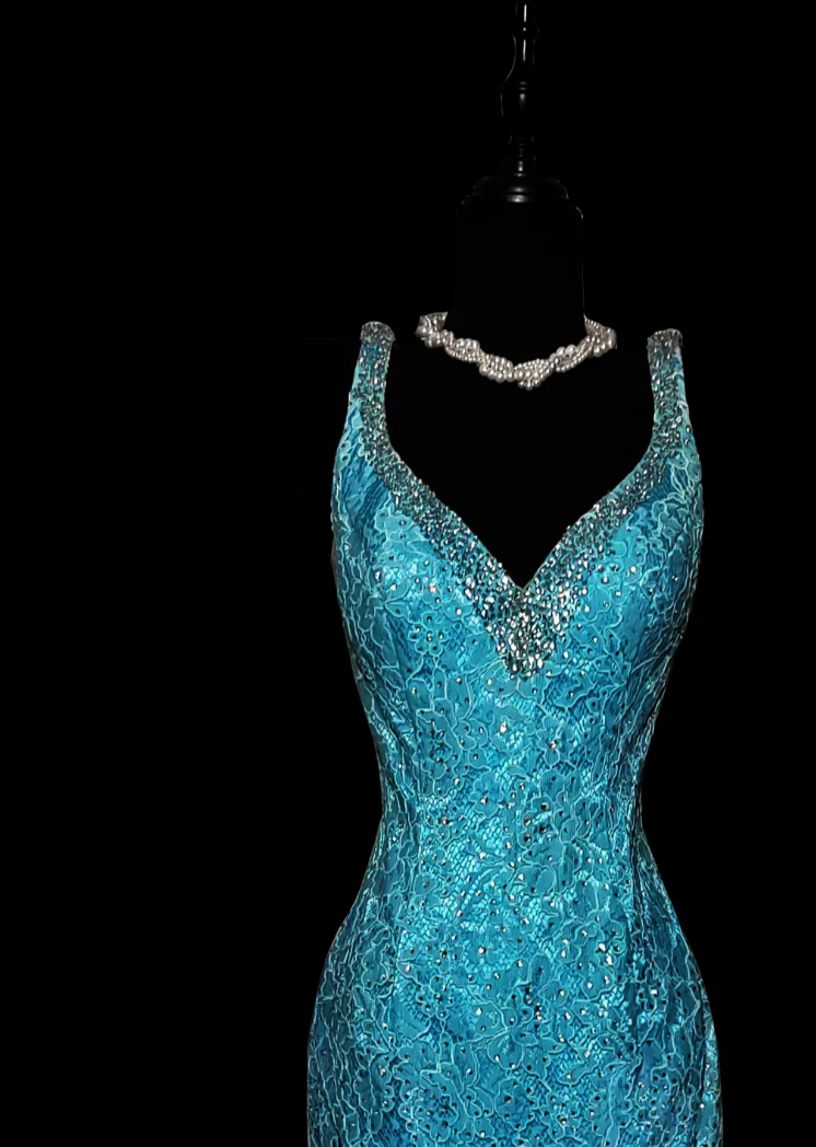 Trendy Spaghetti Straps Blue Prom Dress Sequins Tulle Mermaid Formal Dress GG6868