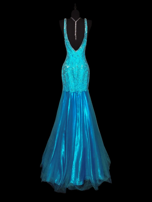 Trendy Spaghetti Straps Blue Prom Dress Sequins Tulle Mermaid Formal Dress GG6868