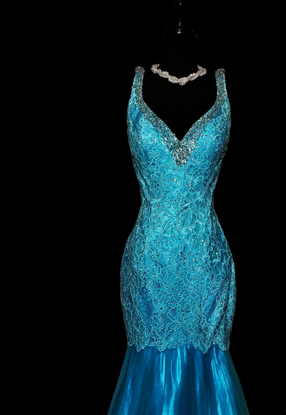 Trendy Spaghetti Straps Blue Prom Dress Sequins Tulle Mermaid Formal Dress GG6868