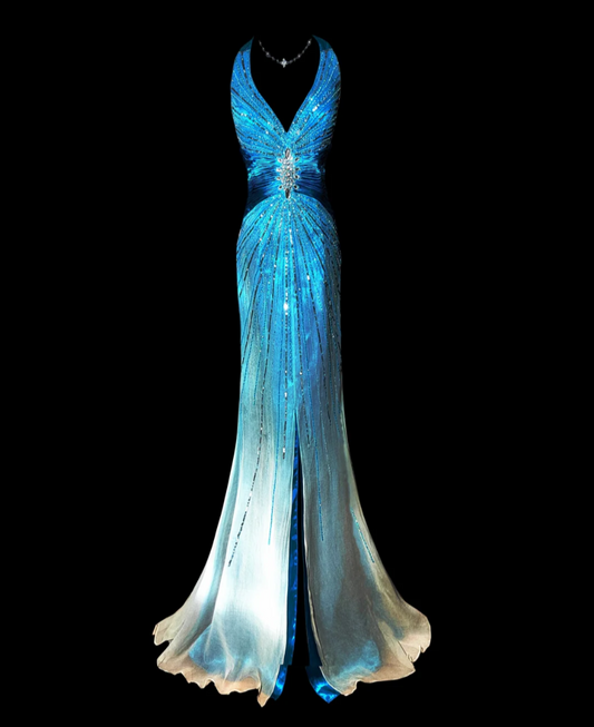 Elegant Halter Neck Slit Beading Prom Dress Gradient Blue Backless Mermaid Formal Dress GG6872