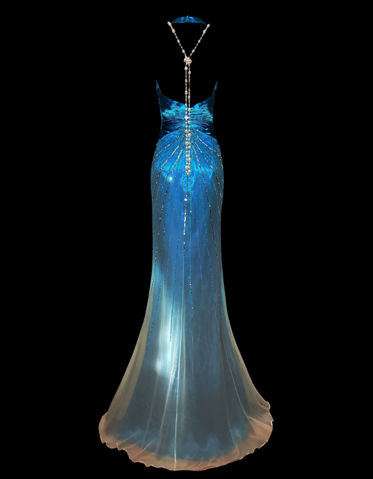 Elegant Halter Neck Slit Beading Prom Dress Gradient Blue Backless Mermaid Formal Dress GG6872