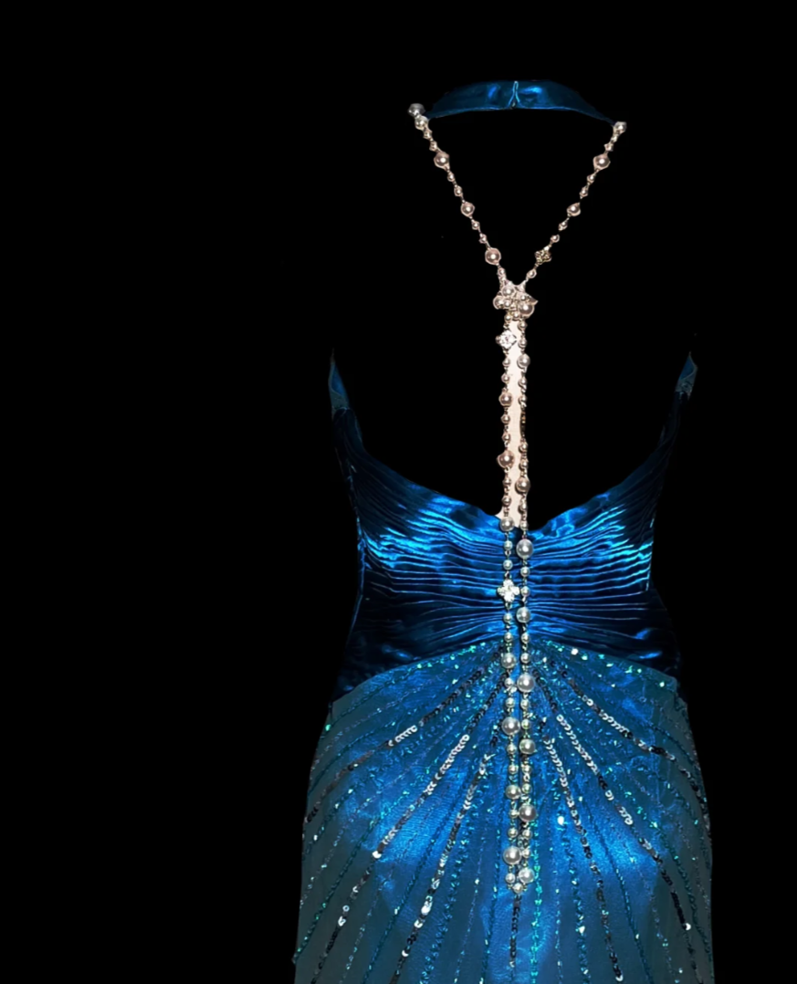 Elegant Halter Neck Slit Beading Prom Dress Gradient Blue Backless Mermaid Formal Dress GG6872
