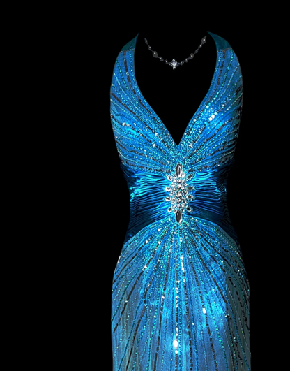 Elegant Halter Neck Slit Beading Prom Dress Gradient Blue Backless Mermaid Formal Dress GG6872