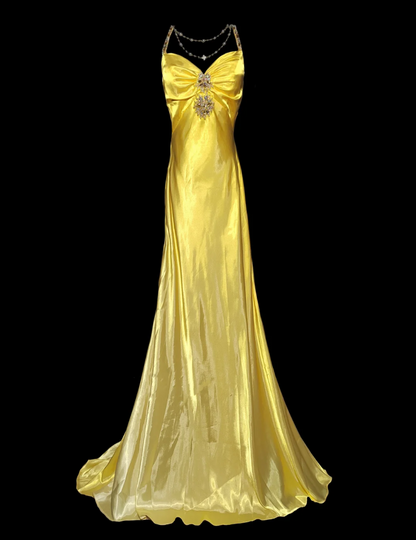 Chic Halter Neck Yellow Prom Dress Backless Beading Mermaid Formal Dress GG6874
