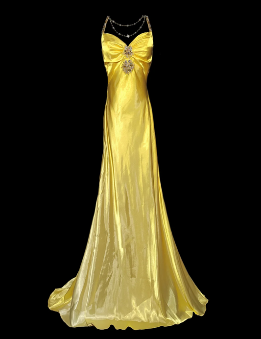 Chic Halter Neck Yellow Prom Dress Backless Beading Mermaid Formal Dress GG6874