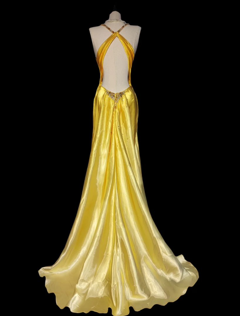 Chic Halter Neck Yellow Prom Dress Backless Beading Mermaid Formal Dress GG6874