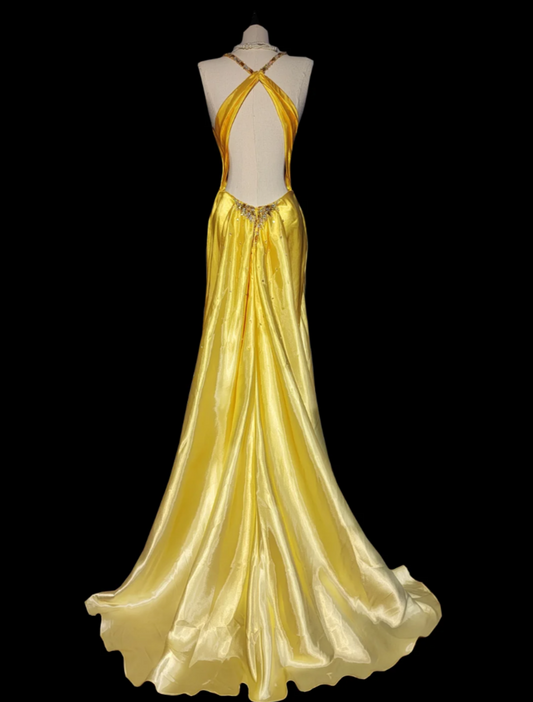 Chic Halter Neck Yellow Prom Dress Backless Beading Mermaid Formal Dress GG6874
