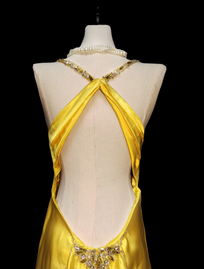 Chic Halter Neck Yellow Prom Dress Backless Beading Mermaid Formal Dress GG6874