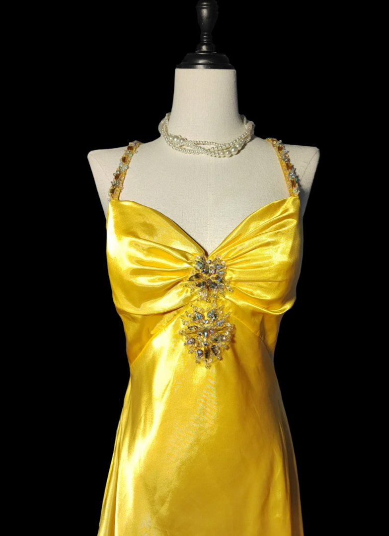 Chic Halter Neck Yellow Prom Dress Backless Beading Mermaid Formal Dress GG6874