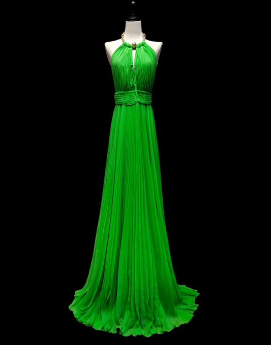 Unique Halter Neck Green Prom Dress Backless Pleated A-Line Formal Dress GG6877