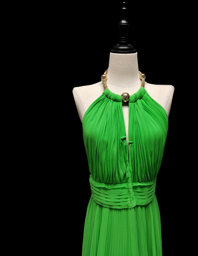 Unique Halter Neck Green Prom Dress Backless Pleated A-Line Formal Dress GG6877