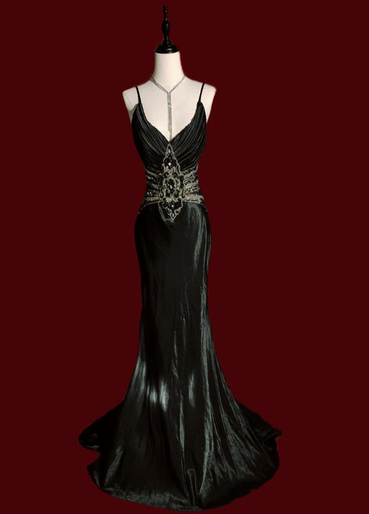 Ornate Spaghetti Straps Prom Dress Black Beading Mermaid Formal Dress GG6879