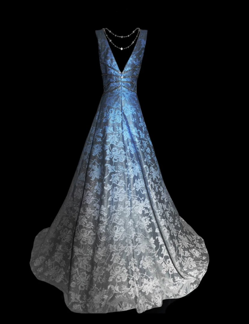 Glam V Neck Sequins Prom Dress Blue Jacquard A-Line Formal Dress GG6880
