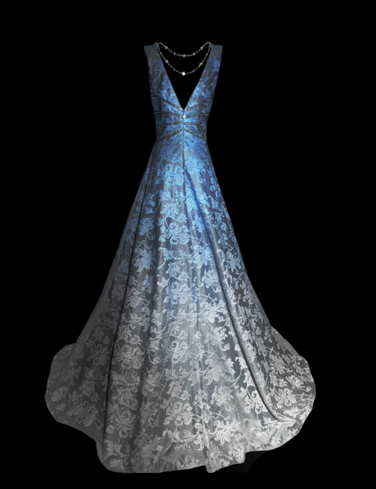 Glam V Neck Sequins Prom Dress Blue Jacquard A-Line Formal Dress GG6880
