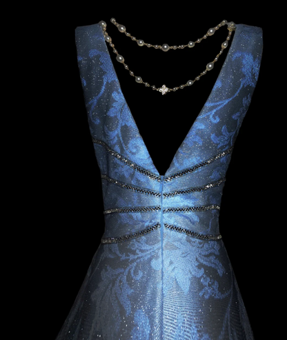 Glam V Neck Sequins Prom Dress Blue Jacquard A-Line Formal Dress GG6880