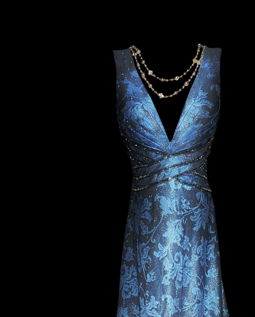 Glam V Neck Sequins Prom Dress Blue Jacquard A-Line Formal Dress GG6880
