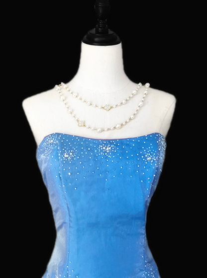 Lovely Strapless Tiered Prom Dress Blue Sequins A-Line Formal Dress GG6881
