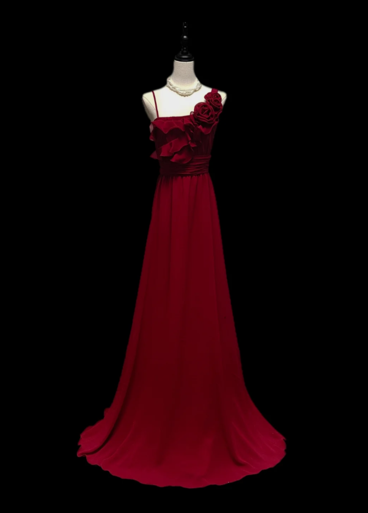 Playful Spaghetti Straps Red Prom Dress Ruffles Floral A-Line Formal Dress GG6882