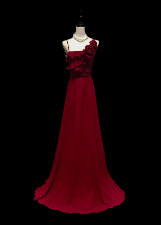 Playful Spaghetti Straps Red Prom Dress Ruffles Floral A-Line Formal Dress GG6882