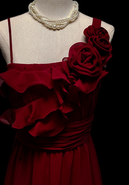 Playful Spaghetti Straps Red Prom Dress Ruffles Floral A-Line Formal Dress GG6882