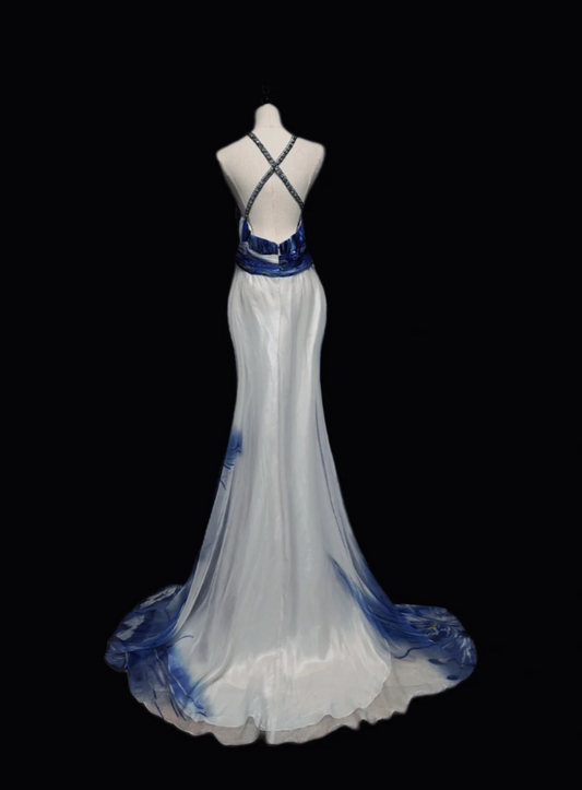 Romantic Halter Neck Blue Prom Dress Sequins Mermaid Formal Dress GG6883