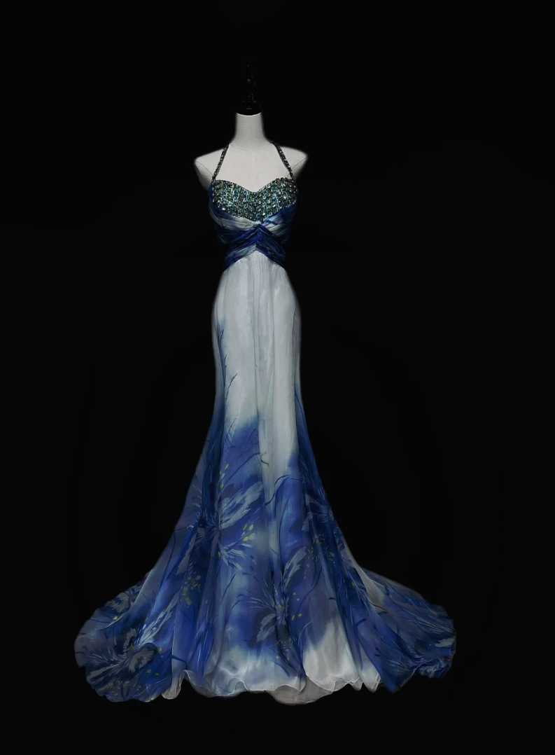 Romantic Halter Neck Blue Prom Dress Sequins Mermaid Formal Dress GG6883