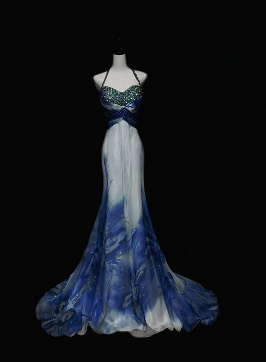 Romantic Halter Neck Blue Prom Dress Sequins Mermaid Formal Dress GG6883