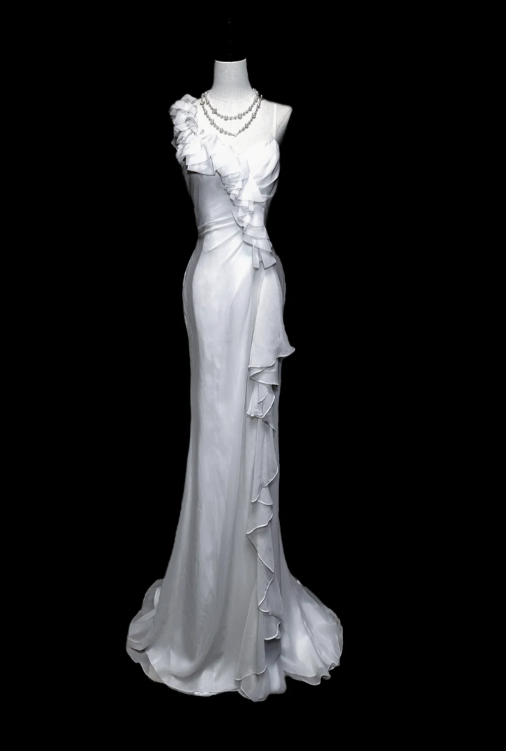 Unique Spaghetti Straps Prom Dress White Ruffles Mermaid Formal Dress GG6884