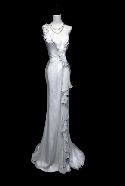 Unique Spaghetti Straps Prom Dress White Ruffles Mermaid Formal Dress GG6884