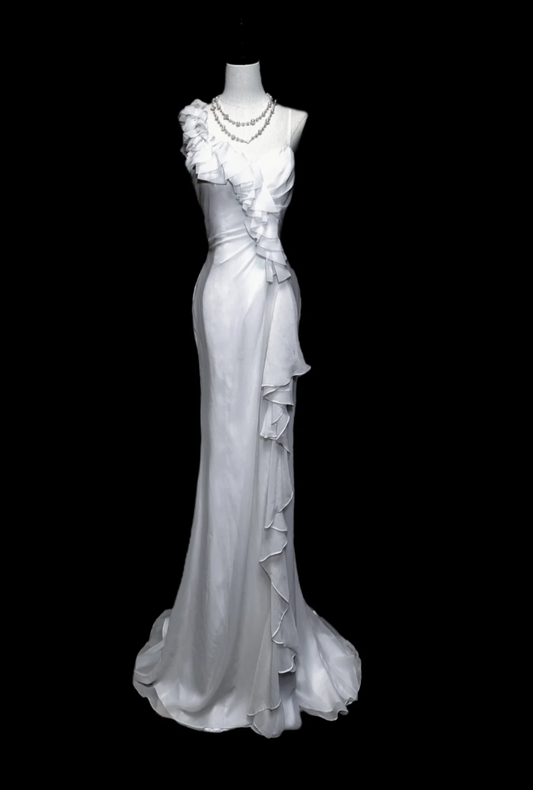 Unique Spaghetti Straps Prom Dress White Ruffles Mermaid Formal Dress GG6884