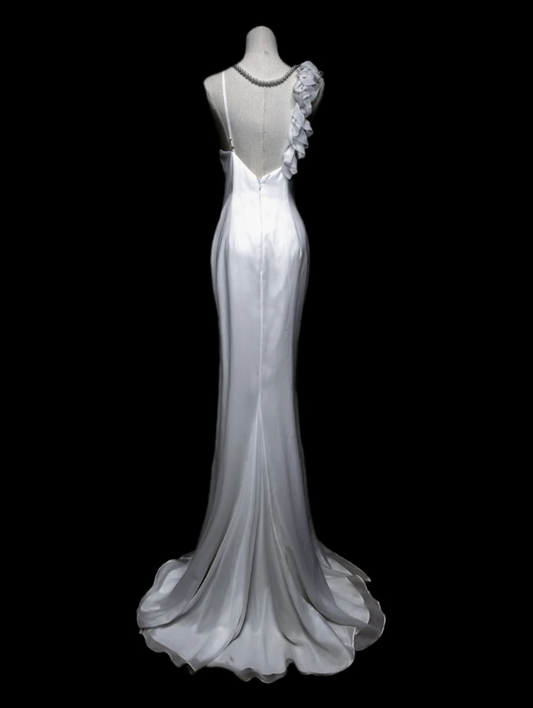 Unique Spaghetti Straps Prom Dress White Ruffles Mermaid Formal Dress GG6884