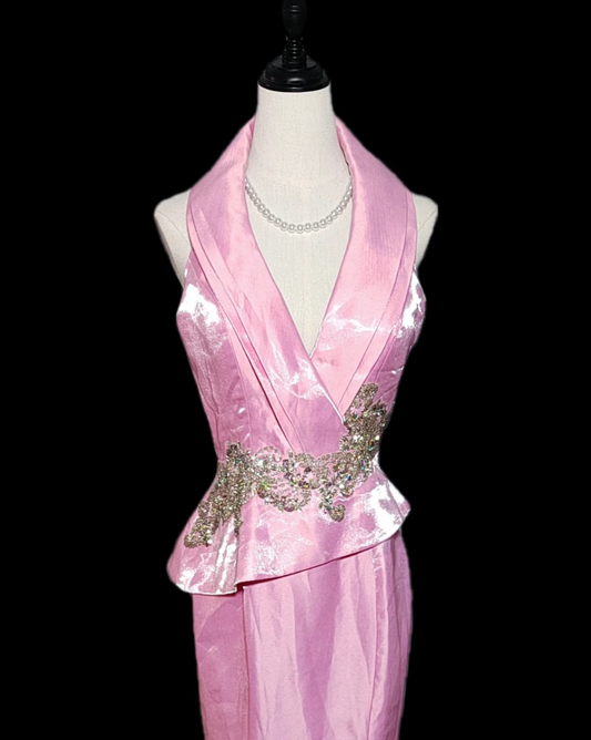 Vintage Lapel Collar Pink Prom Dress Sequins Mermaid Formal Dress GG6885