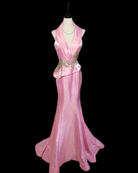 Vintage Lapel Collar Pink Prom Dress Sequins Mermaid Formal Dress GG6885