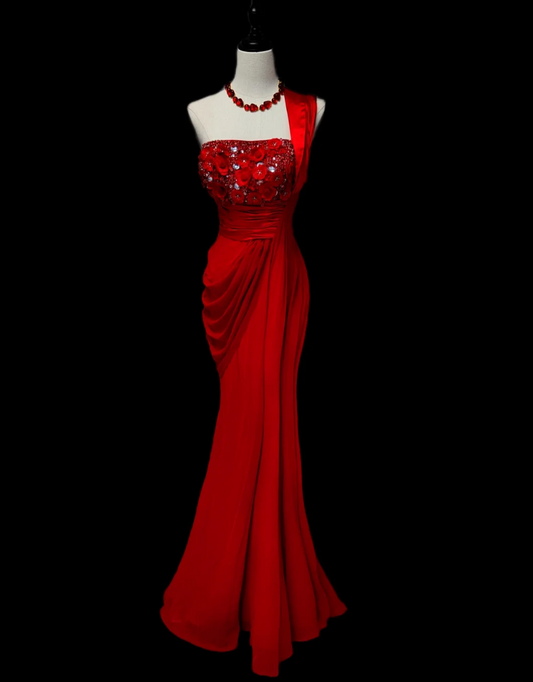 Charming One Shoulder Sequins Prom Dress Red Appliques Mermaid Formal Dress GG6887