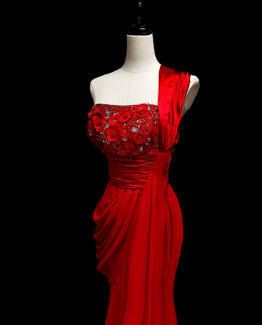 Charming One Shoulder Sequins Prom Dress Red Appliques Mermaid Formal Dress GG6887