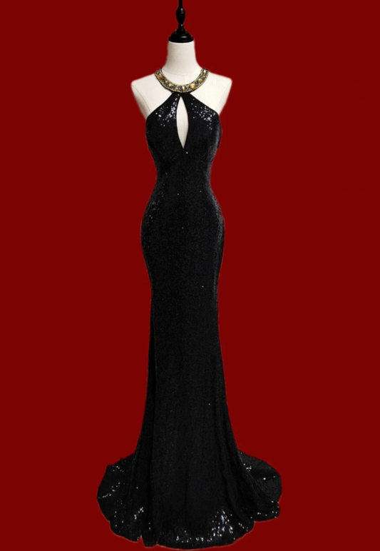 Luxury Halter Neck Sequins Prom Dress Black Beaded Mermaid Formal Dress GG6888