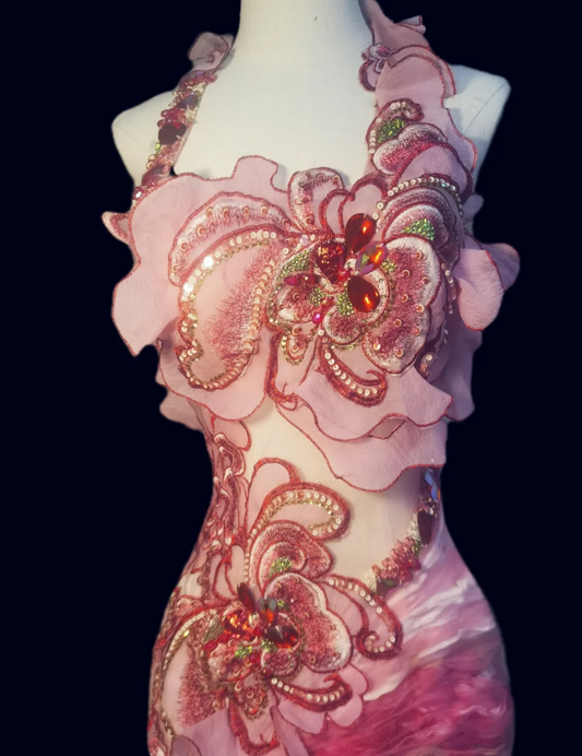 Dreamy Halter Neck Beaded Prom Dress Pink Ruffles Mermaid Formal Dress GG6889