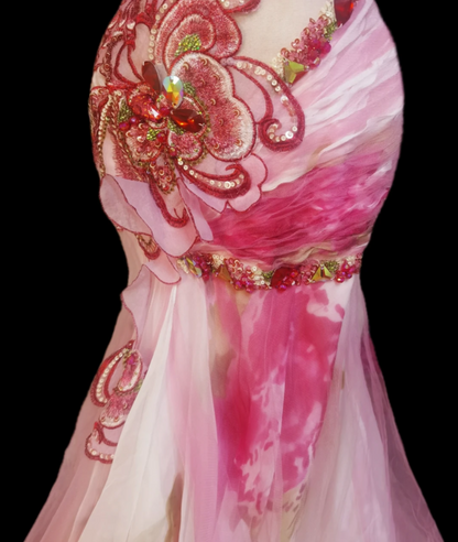Dreamy Halter Neck Beaded Prom Dress Pink Ruffles Mermaid Formal Dress GG6889