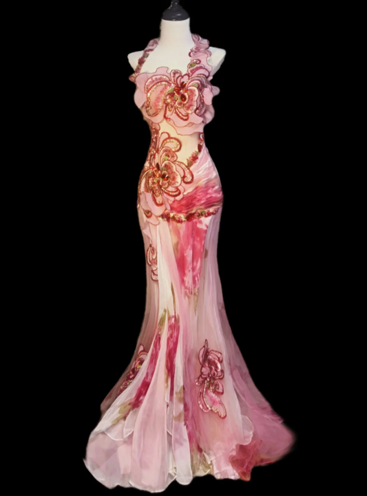 Dreamy Halter Neck Beaded Prom Dress Pink Ruffles Mermaid Formal Dress GG6889