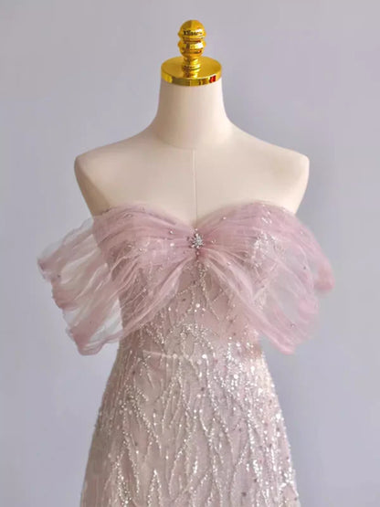 Exquisite A Line Off The Shoulder Tulle Beaded Pink Sequin Long Prom Dress,Evening Dress GG689