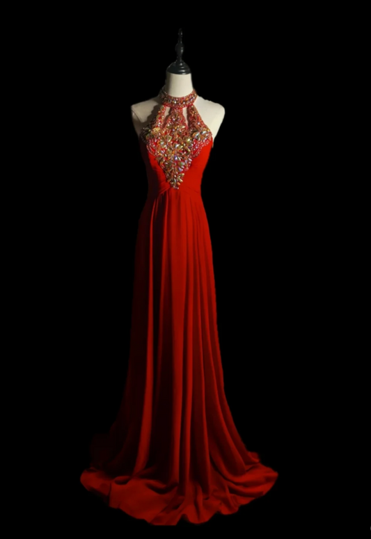 Alluring Halter Neck Beaded Prom Dress Red A-Line Formal Dress GG6890