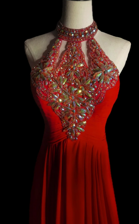Alluring Halter Neck Beaded Prom Dress Red A-Line Formal Dress GG6890