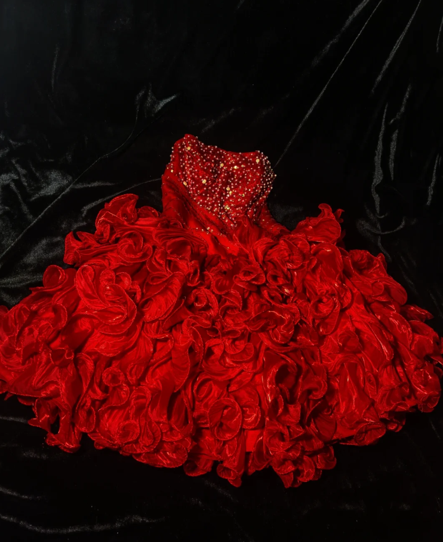 Romantic Strapless Sequins Homecoming Dress Red Ruffled A-Line Birthday Dress GG6891