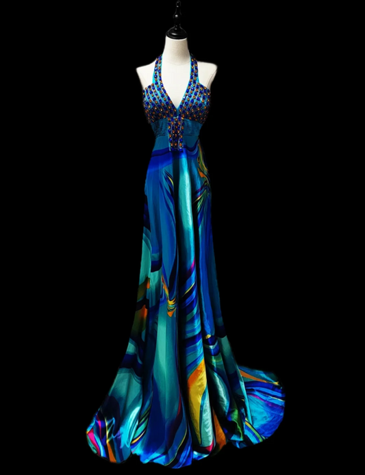 Vintage Halter Neck Prom Dress Beaded A-Line Formal Dress GG6892